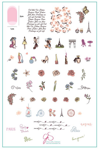 Springtime in Paris (CjS-151) nail stamping plate by Clear Jelly Stamper, available at www.lanternandwren.com.