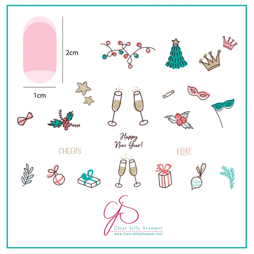 Clear Jelly Stamper Cheers! New Years mini nail stamping plate, available in the USA at www.lanternandwren.com.