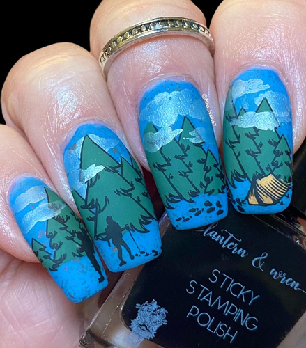 Happy Camping nail stamping plate. Available exclusively at www.lanternandwren.com.