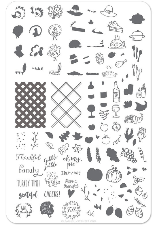 Clear Jelly Stamper Thanksgiving nail stamping plate, available in the USA at www.lanternandwren.com.