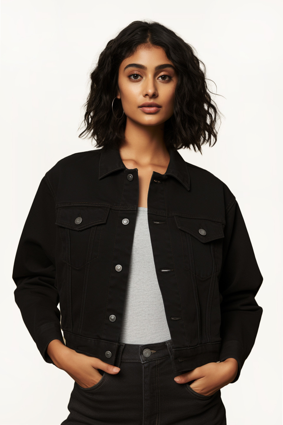 Tribal Women's Classic Denim Jacket W/Pockets Black