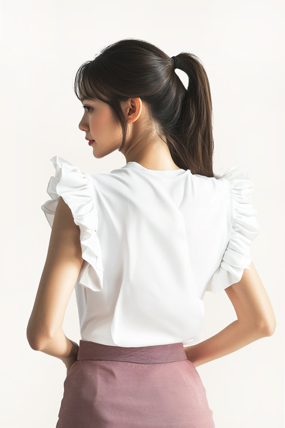 (All Options) Ruffle Sleeve Tops Summer Tie Waist Crew Neck