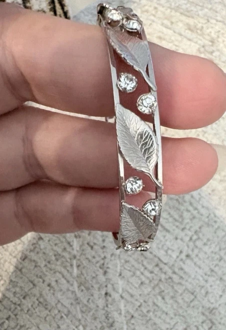 White Gold-Filled Leaf Design & Clear Crystals Vintage Cuff Bracelet by Krementz