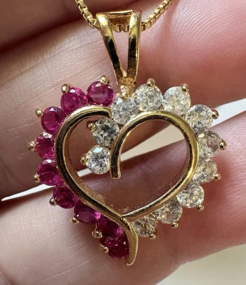 Vtg 925 Sterling Silver Gold Plated Ruby Red CZ Heart Necklace