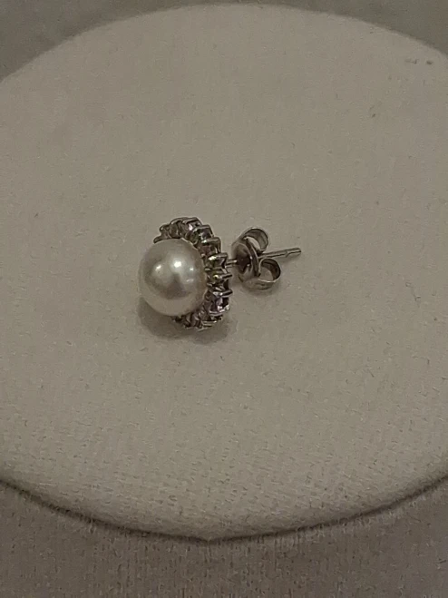Unisex Pearl and Diamond Halo Stud Earring in 14k White Gold