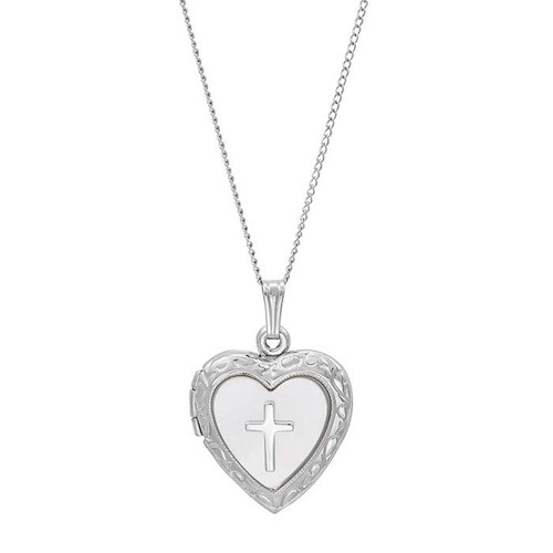 Sterling Silver Mother-of-Pearl Cross Heart Locket Necklace
