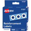 Avery White Self-Adhesive Reinforcement Labels - 0.3" Diameter - 3 x Holes - Round - White - Polyvinyl - 12 / Pack