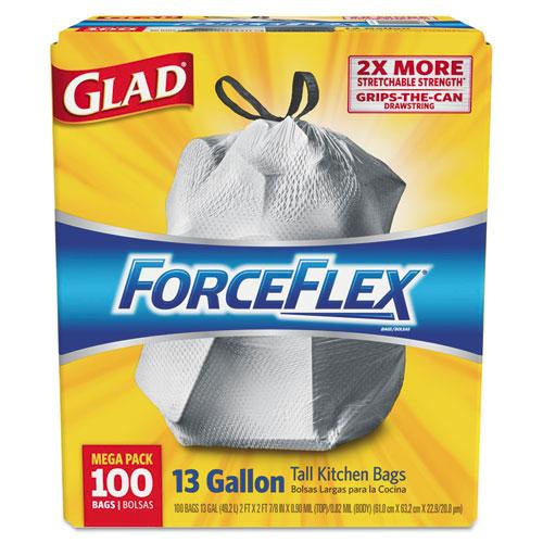 Forceflex Tall Kitchen Drawstring Trash Bags, 13 Gal, 0.72 Mil, 23.75" X 24.88", Gray, 100/box