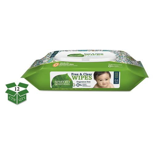 Free And Clear Baby Wipes, 7 X 7, Unscented, White, 64/flip Top Pack, 12 Packs/carton