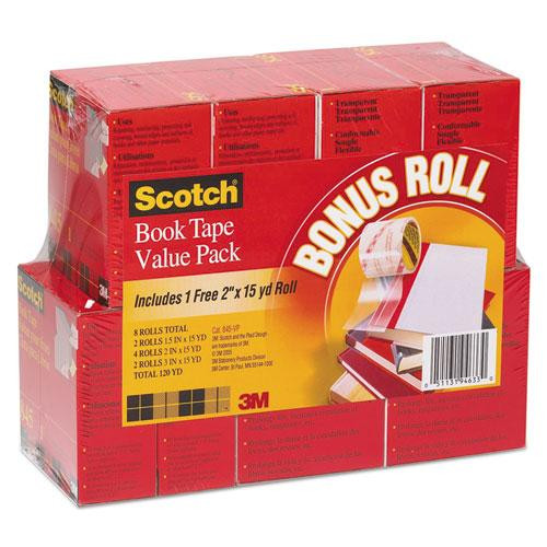 Book Tape Value Pack, 3" Core, (2) 1.5" X 15 Yds, (4) 2" X 15 Yds, (2) 3" X 15 Yds, Clear, 8/pack