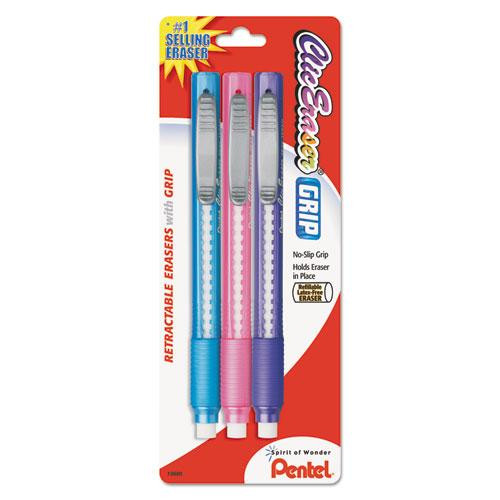 Clic Eraser Grip Eraser, For Pencil Marks, White Eraser, Randomly Assorted Barrel Colors (three-colors), 3/pack