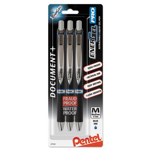Energel Pro Gel Pen, Retractable, Medium 0.7 Mm, Blue Ink, Black Barrel, 3/pack