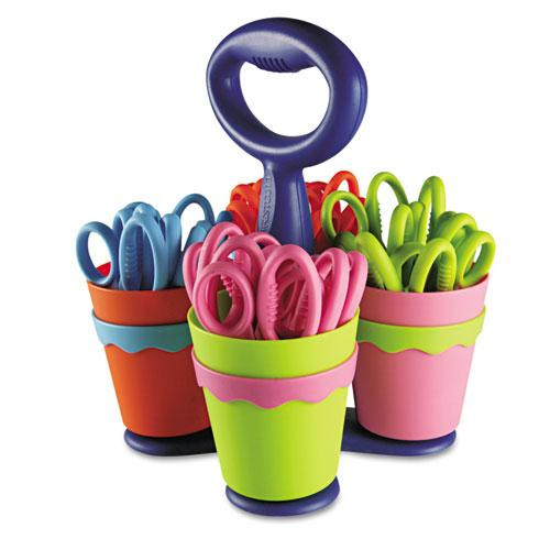 Scissor Caddy With Kids' Scissors, 5" Long, 2" Cut Length, Light Blue; Light Green; Pink; Red, Straight Handles, 24/set