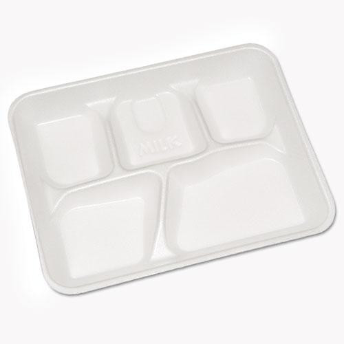 Foam School Trays, 5-compartment, 8.25 X 10.5 X 1,  White, 500/carton