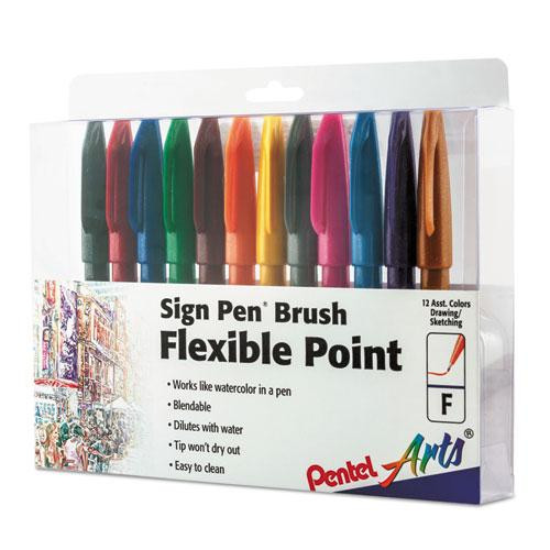 Sign Pen Brush Flexible Point Marker Pen, Fine Brush Tip, Assorted Colors, Dozen