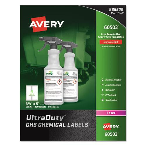 Ultraduty Ghs Chemical Waterproof And Uv Resistant Labels, 3.5 X 5, White, 4/sheet, 50 Sheets/box