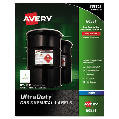 Ultraduty Ghs Chemical Waterproof And Uv Resistant Labels, 8.5 X 11, White, 50/pack