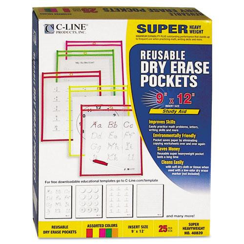 Reusable Dry Erase Pockets, 9 X 12, Assorted Neon Colors, 25/box