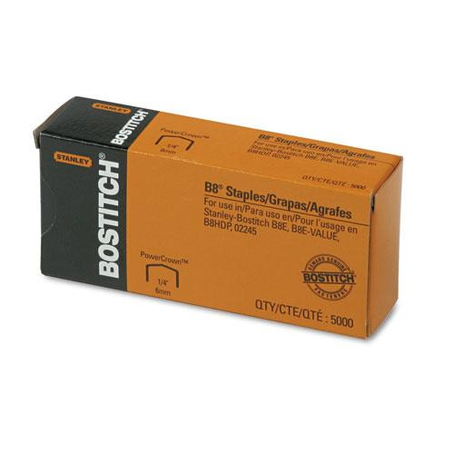 B8 Powercrown Premium Staples, 0.25" Leg, 0.5" Crown, Steel, 5,000/box