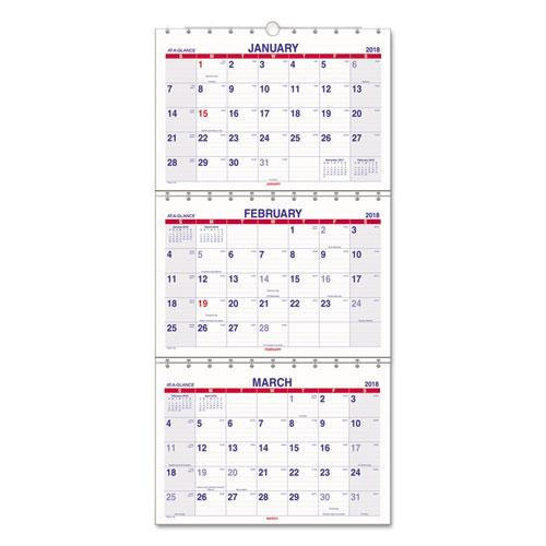 Move-a-page Three-month Wall Calendar, 12 X 27, White/red/blue Sheets, 15-month (dec To Feb): 2022 To 2024