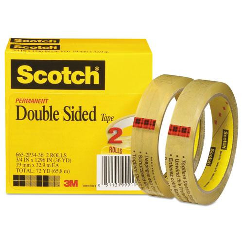 Double-sided Tape, 3" Core, 0.75" X 36 Yds, Clear, 2/pack