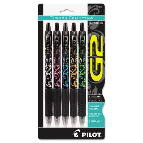 G2 Fashion Premium Gel Pen, Retractable, Fine 0.7 Mm, Black Ink, Assorted Barrel Colors, 5/pack