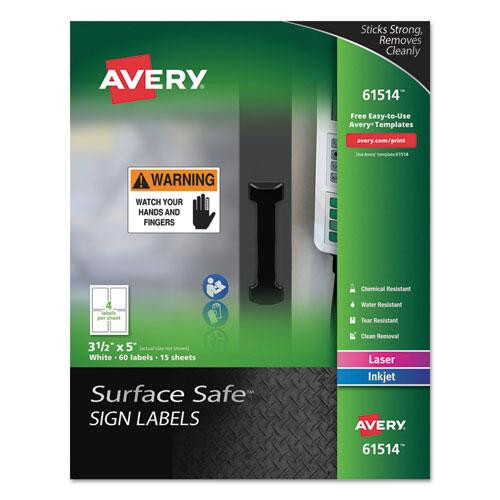 Surface Safe Removable Label Safety Signs, Inkjet/laser Printers, 3.5 X 5, White, 4/sheet, 15 Sheets/pack