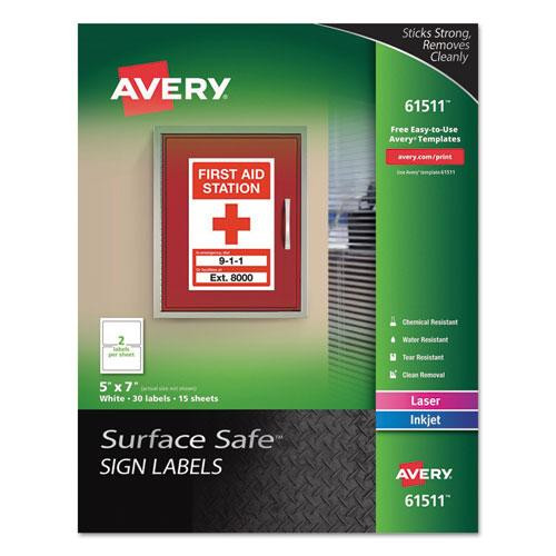 Surface Safe Removable Label Safety Signs, Inkjet/laser Printers, 5 X 7, White, 2/sheet, 15 Sheets/pack