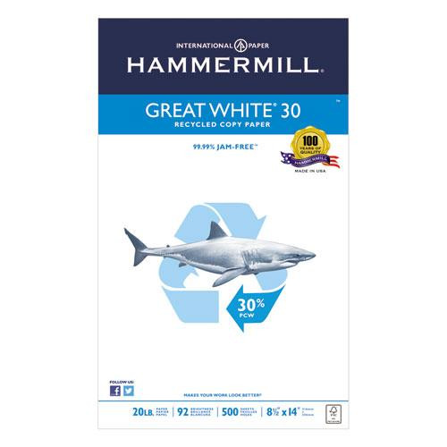 Great White 30 Recycled Print Paper, 92 Bright, 20 Lb Bond Weight, 8.5 X 14, White, 500/ream