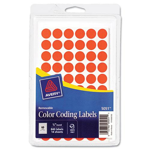 Handwrite Only Self-adhesive Removable Round Color-coding Labels, 0.5" Dia, Neon Red, 60/sheet, 14 Sheets/pack, (5051)