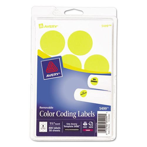 Printable Self-adhesive Removable Color-coding Labels, 1.25" Dia, Neon Yellow, 8/sheet, 50 Sheets/pack, (5499)