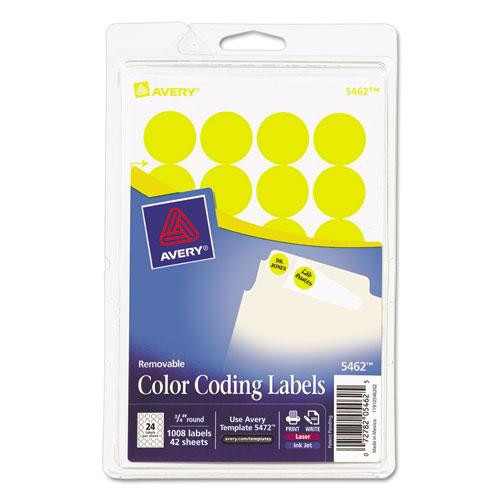 Printable Self-adhesive Removable Color-coding Labels, 0.75" Dia, Yellow, 24/sheet, 42 Sheets/pack, (5462)