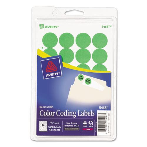 Printable Self-adhesive Removable Color-coding Labels, 0.75" Dia, Neon Green, 24/sheet, 42 Sheets/pack, (5468)