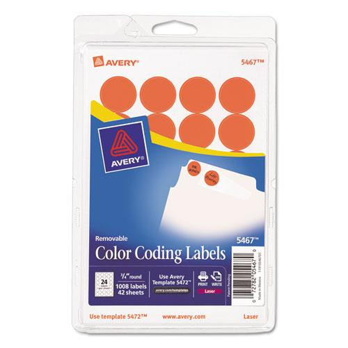Printable Self-adhesive Removable Color-coding Labels, 0.75" Dia, Neon Red, 24/sheet, 42 Sheets/pack, (5467)