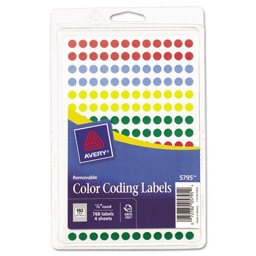 Handwrite Only Self-adhesive Removable Round Color-coding Labels, 0.25" Dia, Assorted, 192/sheet, 4 Sheets/pack, (5795)