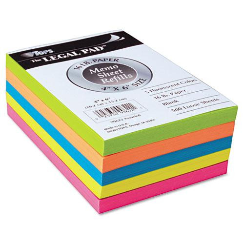 Fluorescent Color Memo Sheets, 4 X 6, Unruled, Assorted Colors, 500/pack