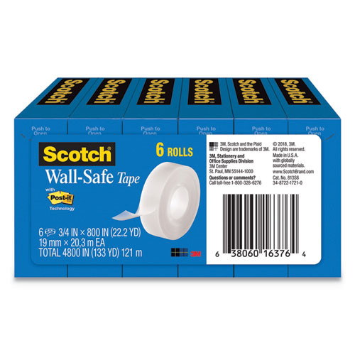 Wall-safe Tape, 1" Core, 0.75" X 66.66 Ft, Clear, 6/pack