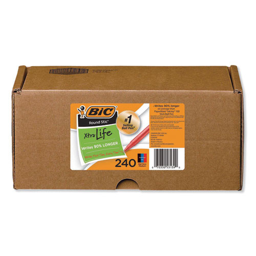 Round Stic Xtra Life Ballpoint Pen Xtra-value Pack, Stick, Medium 1.2 Mm, Assorted Ink Colors, Gray Barrel, 240/carton