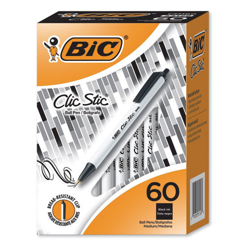 Clic Stic Ballpoint Pen Value Pack, Retractable, Medium 1.2 Mm, Black Ink, White Barrel, 60/pack