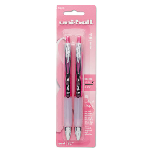 Signo 207 Gel Pen, Retractable, Medium 0.7 Mm, Black Ink, Pink Barrel, 2/pack