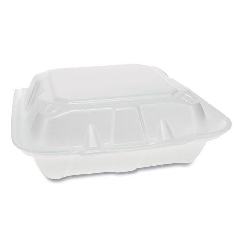 Vented Foam Hinged Lid Container, Dual Tab Lock Economy, 3-compartment, 8.42 X 8.15 X 3, White, 150/carton