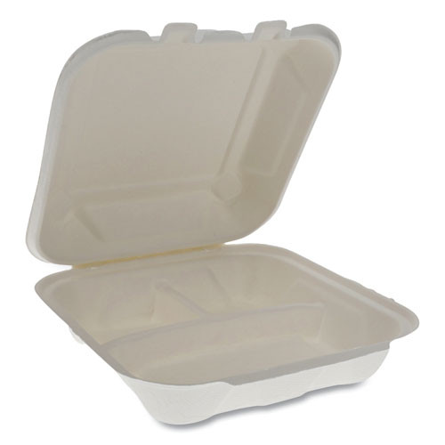 Earthchoice Bagasse Hinged Lid Container, 3-compartment, Dual Tab Lock, 7.8 X 7.8 X 2.8, Natural, Sugarcane, 150/carton