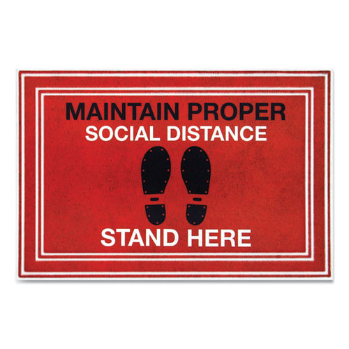 Message Floor Mats, 24 X 36, Red/black, "maintain Social Distance Stand Here"