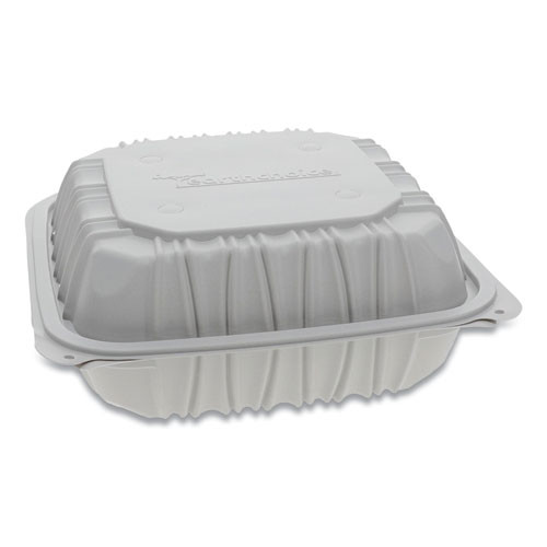 Earthchoice Vented Microwavable Mfpp Hinged Lid Container, 3-compartment, 8.5 X 8.5 X 3.1, White, Plastic, 146/carton