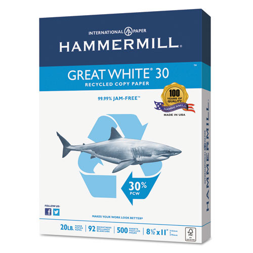 Great White 30 Recycled Print Paper, 92 Bright, 20 Lb Bond Weight, 8.5 X 11, White, 500 Sheets/ream, 5 Reams/carton