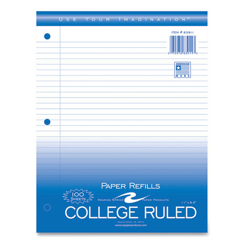 Notebook Filler Paper, 3-hole, 8.5 X 11, College Rule, 100/pack - ROA83911