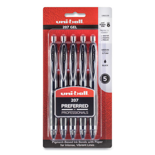 Signo 207 Gel Pen, Retractable, Medium 0.7 Mm, Black Ink, Translucent Black Barrel, 5/pack