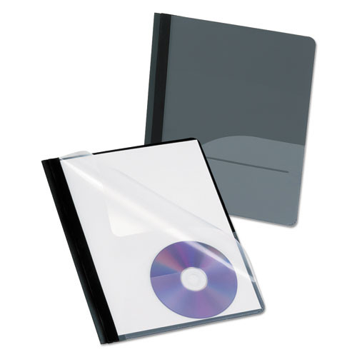 Clear Front Report Cover, Cd Pocket, Three-prong Fastener, 0.5" Capacity, 8.5 X 11, Clear/onyx, 25/box