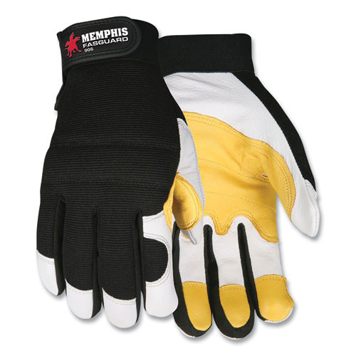 Goatskin Leather Palm Mechanics Gloves, Black/yellow/white, X-large