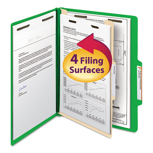 Top Tab Classification Folders, Four Safeshield Fasteners, 2" Expansion, 1 Divider, Letter Size, Green Exterior, 10/box